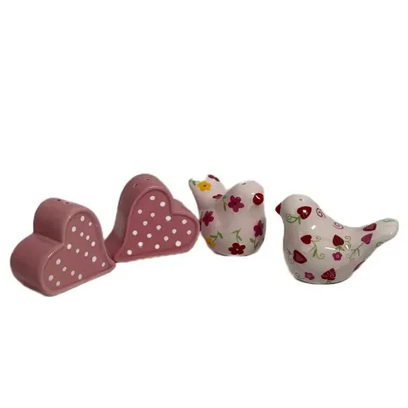 Lot of 2 Cracker Barrel Ceramic Salt Pepper Shakers Hearts Pink Floral Birds